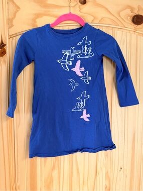 Tea Collection Royal Blue Long-Sleeve Dress with Pink & White Bird Motif